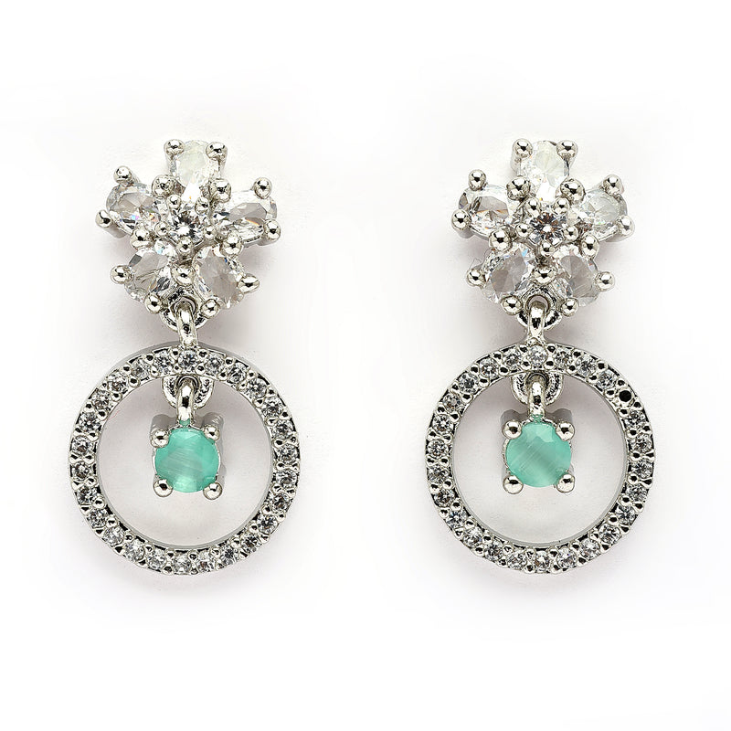 Rhodium Plated Silver Toned Floral Shaped Sea Green White American Diamond Studded Drop Earrings