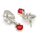 Rhodium Plated Silver Toned Leaf Shaped Red & White American Diamond Studded Drop Earrings