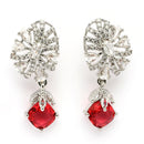 Rhodium Plated Silver Toned Leaf Shaped Red & White American Diamond Studded Drop Earrings