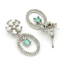 Rhodium Plated Silver Toned Floral Oval Shaped Sea Green &White American Diamond Studded Drop Earrings