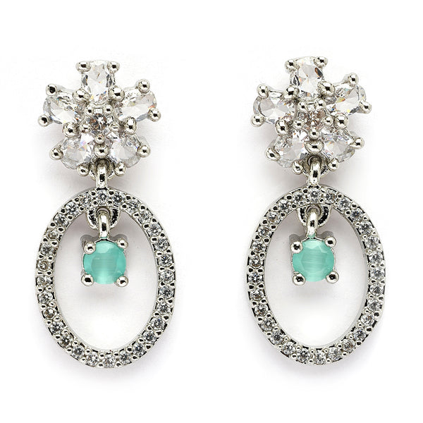 Rhodium Plated Silver Toned Floral Oval Shaped Sea Green &White American Diamond Studded Drop Earrings