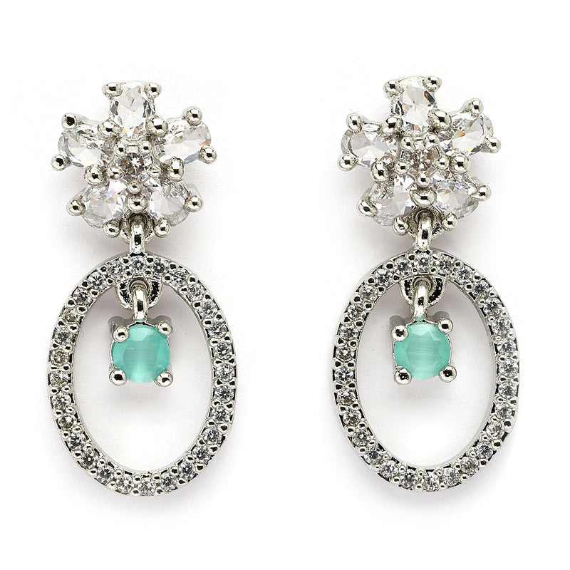 Rhodium Plated Silver Toned Floral Oval Shaped Sea Green &White American Diamond Studded Drop Earrings