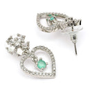 Rhodium Plated Silver Toned Hearty Floral Shaped Sea Green & White American Diamond Studded Drop Earrings