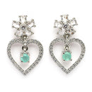 Rhodium Plated Silver Toned Hearty Floral Shaped Sea Green & White American Diamond Studded Drop Earrings