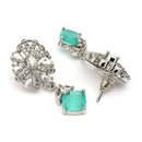 Rhodium Plated Leaf Sea Green American Diamond Contemporary Drop Earrings