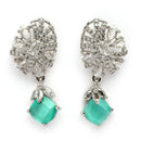 Rhodium Plated Silver Toned Leaf Shaped White And Sea Green American Diamond Studded Drop Earrings