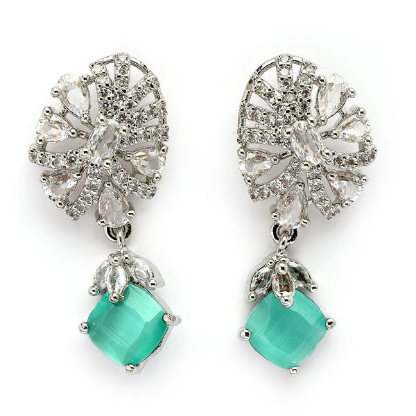 Rhodium Plated Silver Toned Leaf Shaped White And Sea Green American Diamond Studded Drop Earrings