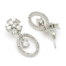 Rhodium Plated Silver Toned Floral Oval Shaped White American Diamond Studded Drop Earrings