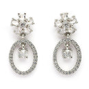 Rhodium Plated Silver Toned Floral Oval Shaped White American Diamond Studded Drop Earrings