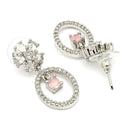 Rhodium Plated Silver Toned Floral Oval Shaped Pink & White American Diamond Studded Drop Earrings