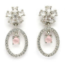 Rhodium Plated Silver Toned Floral Oval Shaped Pink & White American Diamond Studded Drop Earrings