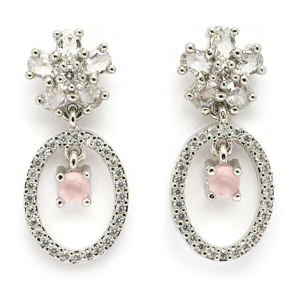 Rhodium Plated Silver Toned Floral Oval Shaped Pink & White American Diamond Studded Drop Earrings