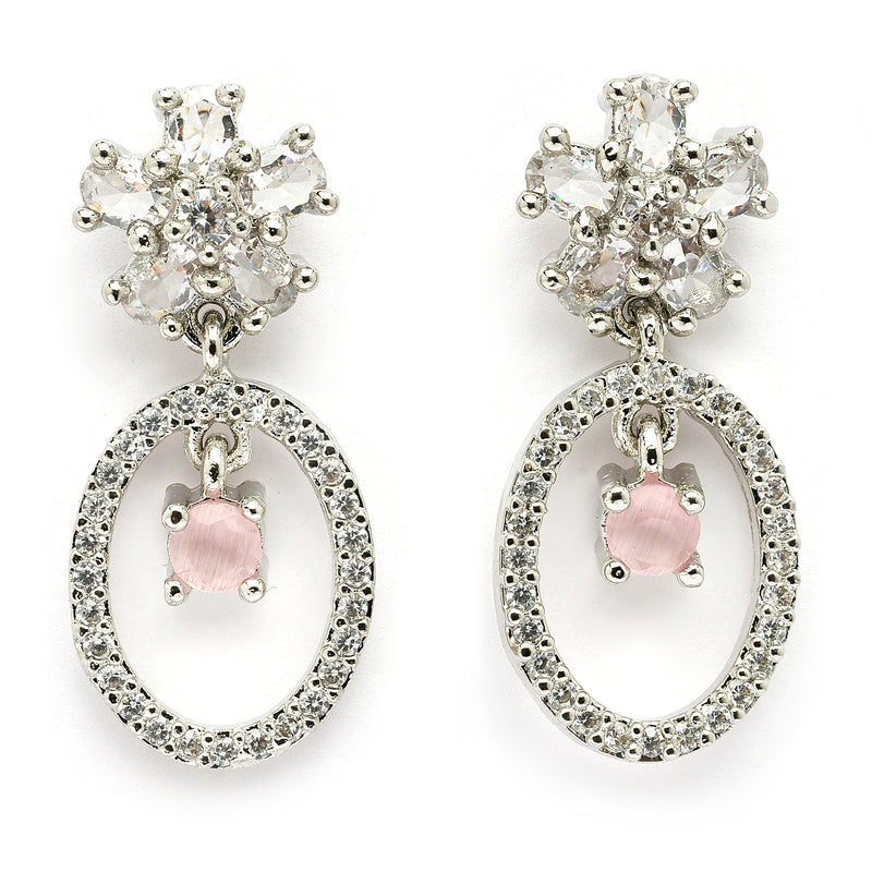 Rhodium Plated Silver Toned Floral Oval Shaped Pink & White American Diamond Studded Drop Earrings