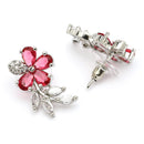 Rhodium Plated Silver Toned Floral Shaped Red & White American Diamond Studded Stud Earrings