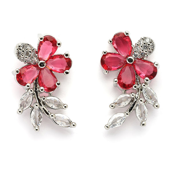 Rhodium Plated Silver Toned Floral Shaped Red & White American Diamond Studded Stud Earrings
