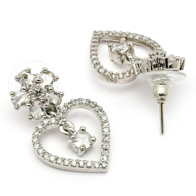 Rhodium Plated Silver Toned Hearty Floral Shaped White American Diamond Studded Drop Earrings