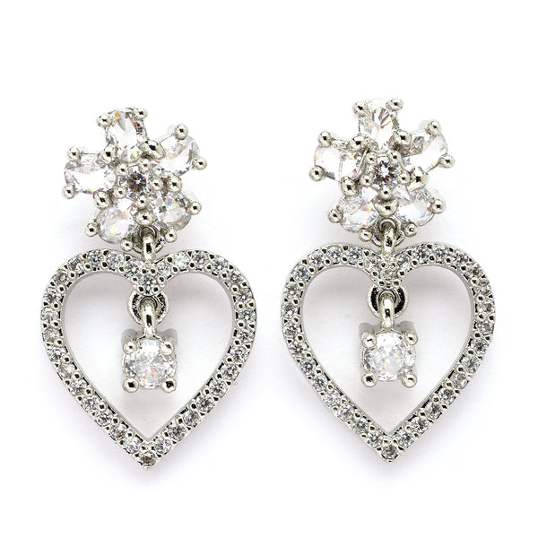 Rhodium Plated Silver Toned Hearty Floral Shaped White American Diamond Studded Drop Earrings