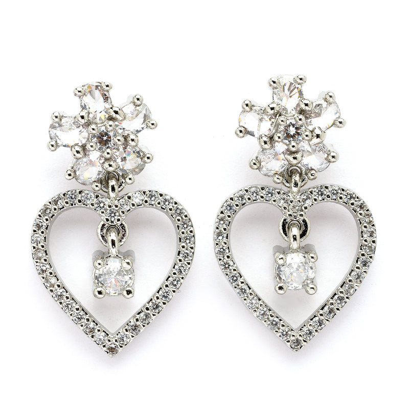 Rhodium Plated Silver Toned Hearty Floral Shaped White American Diamond Studded Drop Earrings