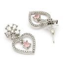 Rhodium Plated Silver Toned Hearty Floral Shaped Pink & White American Diamond Studded Drop Earrings