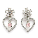 Rhodium Plated Silver Toned Hearty Floral Shaped Pink & White American Diamond Studded Drop Earrings