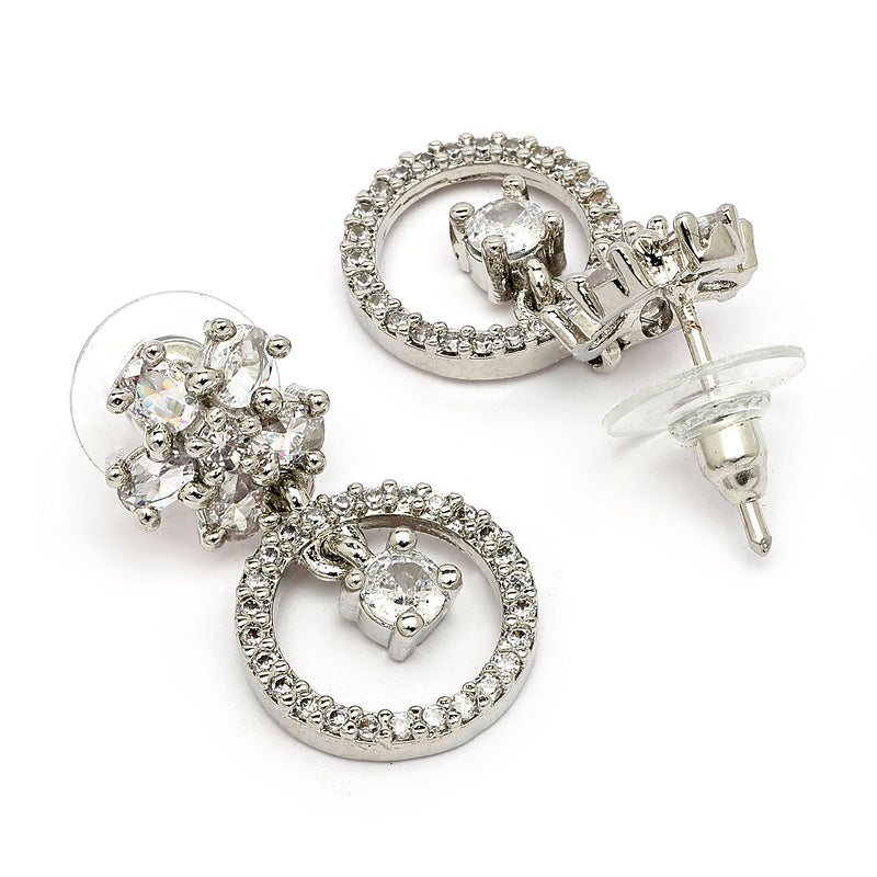 Rhodium Plated Silver Toned Floral Shaped White American Diamond Studded Drop Earrings