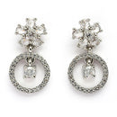 Rhodium Plated Silver Toned Floral Shaped White American Diamond Studded Drop Earrings