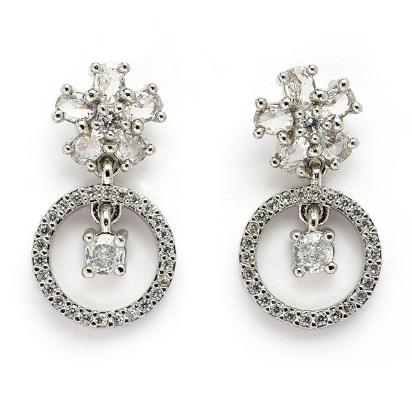 Rhodium Plated Silver Toned Floral Shaped White American Diamond Studded Drop Earrings