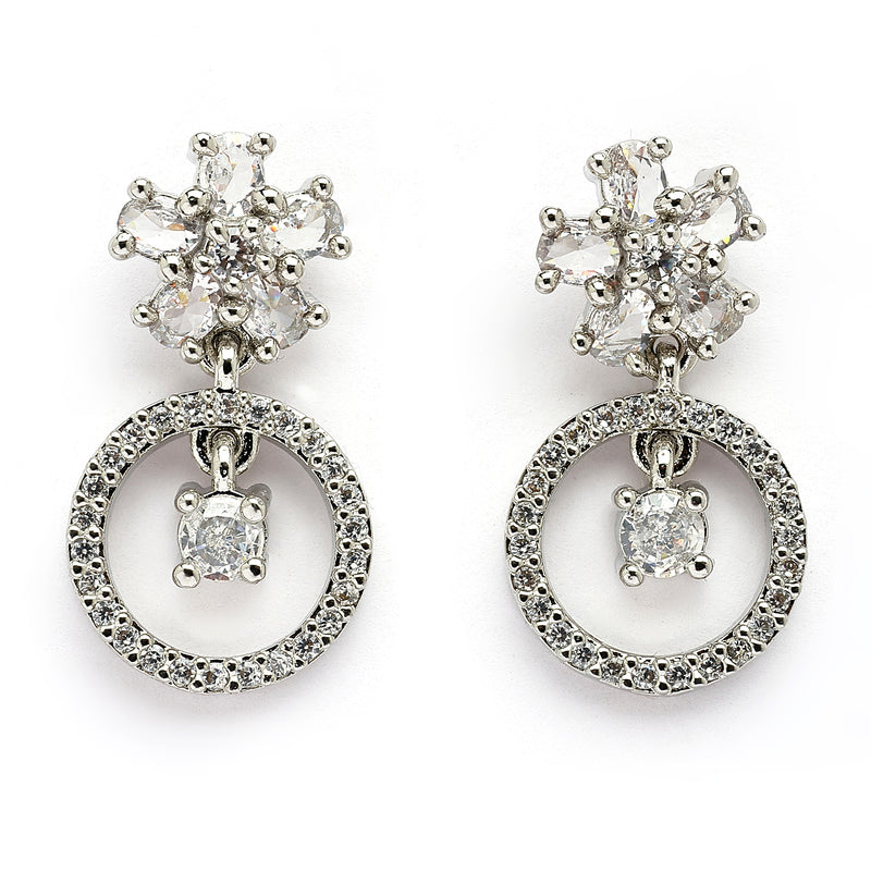 Rhodium Plated Silver Toned Floral Shaped White American Diamond Studded Drop Earrings