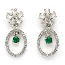 Rhodium Plated Silver Toned Floral Oval Shaped Green & White American Diamond Studded Drop Earrings