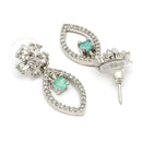 Rhodium Plated Silver Toned Floral Leaf Shaped Sea Green & White American Diamond Studded Drop Earrings