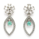 Rhodium Plated Silver Toned Floral Leaf Shaped Sea Green & White American Diamond Studded Drop Earrings