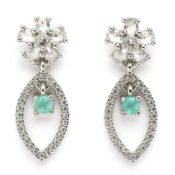 Rhodium Plated Silver Toned Floral Leaf Shaped Sea Green & White American Diamond Studded Drop Earrings