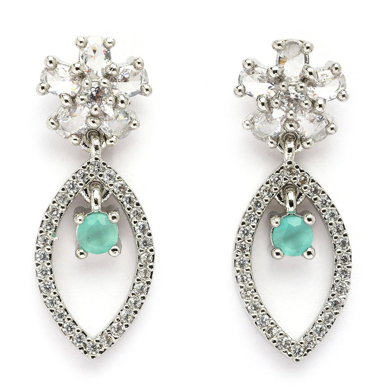 Rhodium Plated Silver Toned Floral Leaf Shaped Sea Green & White American Diamond Studded Drop Earrings