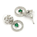 Rhodium Plated Silver Toned Floral Shaped Green & White American Diamond Studded Drop Earrings