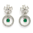 Rhodium Plated Silver Toned Floral Shaped Green & White American Diamond Studded Drop Earrings