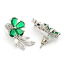 Rhodium Plated Silver Toned Floral Shaped Green & White American Diamond Studded Stud Earrings