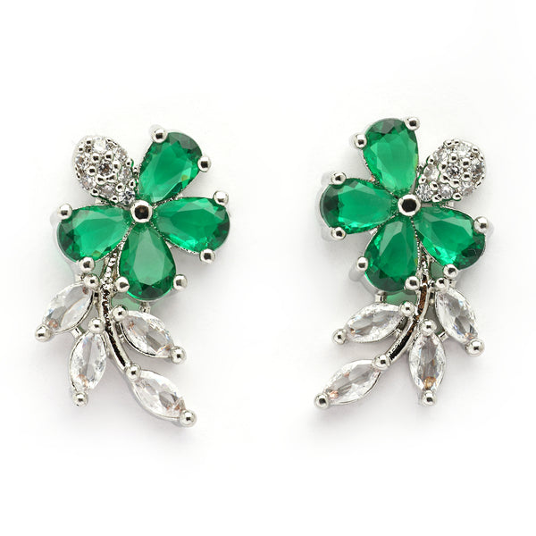 Rhodium Plated Silver Toned Floral Shaped Green & White American Diamond Studded Stud Earrings