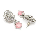 Rhodium Plated Silver Toned Leaf Shaped Pink & White American Diamond Studded Drop Earrings