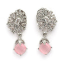 Rhodium Plated Silver Toned Leaf Shaped Pink & White American Diamond Studded Drop Earrings