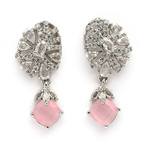 Rhodium Plated Silver Toned Leaf Shaped Pink & White American Diamond Studded Drop Earrings