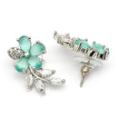 Rhodium Plated Silver Toned Floral Shaped Sea Green & White American Diamond Studded Stud Earrings