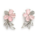 Rhodium Plated Silver Toned Floral Shaped Pink & White American Diamond Studded Stud Earrings