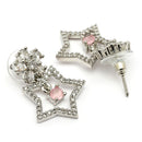 Rhodium Plated Silver Toned Starry Floral Shaped Pink & White American Diamond Studded Drop Earrings