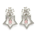 Rhodium Plated Silver Toned Starry Floral Shaped Pink & White American Diamond Studded Drop Earrings