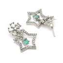 Rhodium Plated Silver Toned Starry Floral Shaped Sea Green & White American Diamond Studded Drop Earrings