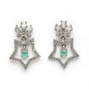 Rhodium Plated Silver Toned Starry Floral Shaped Sea Green & White American Diamond Studded Drop Earrings