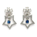 Rhodium Plated Starry Floral Blue American Diamond Contemporary Drop Earrings