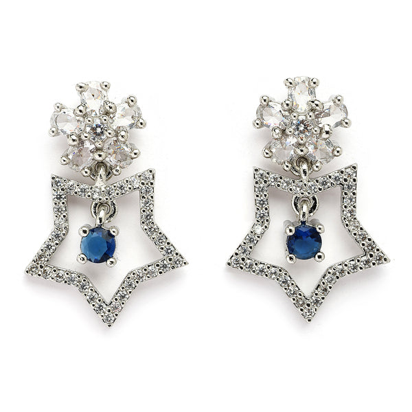 Rhodium Plated Silver Toned Starry Floral Shaped Navy Blue & White American Diamond Studded Drop Earrings
