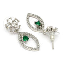 Rhodium Plated Silver Toned Floral Leaf Shaped Green & White American Diamond Studded Drop Earrings