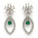 Rhodium Plated Silver Toned Floral Leaf Shaped Green & White American Diamond Studded Drop Earrings